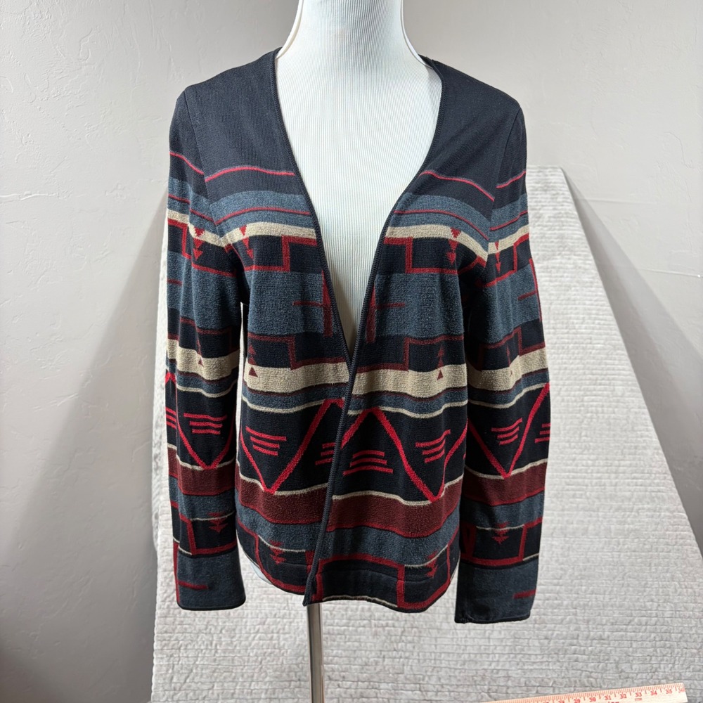 Peruvian Connection Southwestern Geometric Open Front Cardigan Red Grey Black M